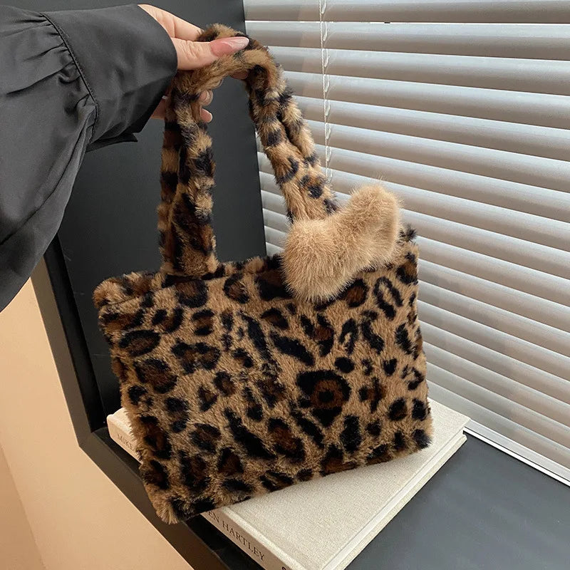 Leopard Print Plush Handbag Soft Fluffy Tote Bag Stylish Shoulder Bags Women Daily Use Friends