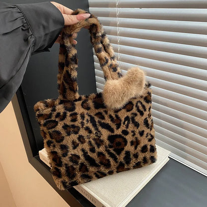 Leopard Print Plush Handbag Soft Fluffy Tote Bag Stylish Shoulder Bags Women Daily Use Friends