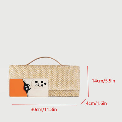 Straw Woven Clutch Bag – Gold Chain Crossbody Purse with Lock Closure