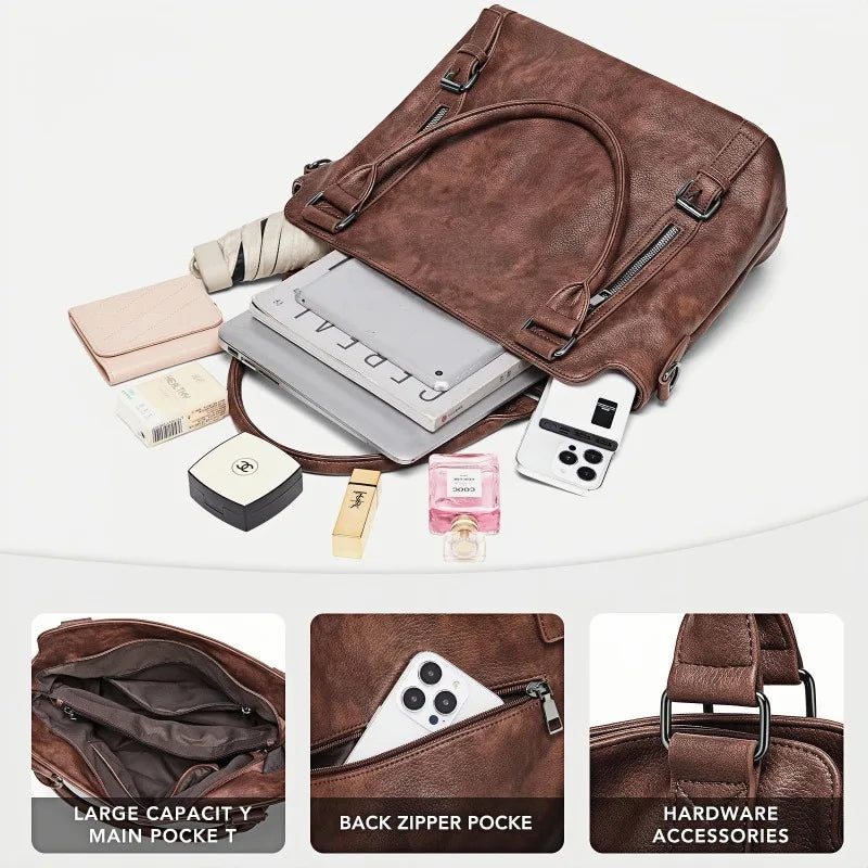 Faux Leather Tote Bag – Multi-Zipper Shoulder Handbag for Women