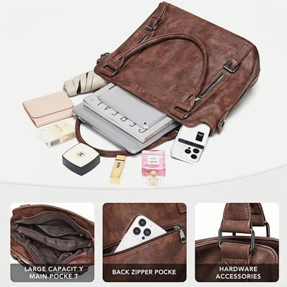 Faux Leather Tote Bag – Multi-Zipper Shoulder Handbag for Women