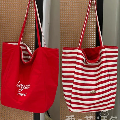 Striped Canvas Tote Bag – Double-Sided Large Shoulder Bag for Women