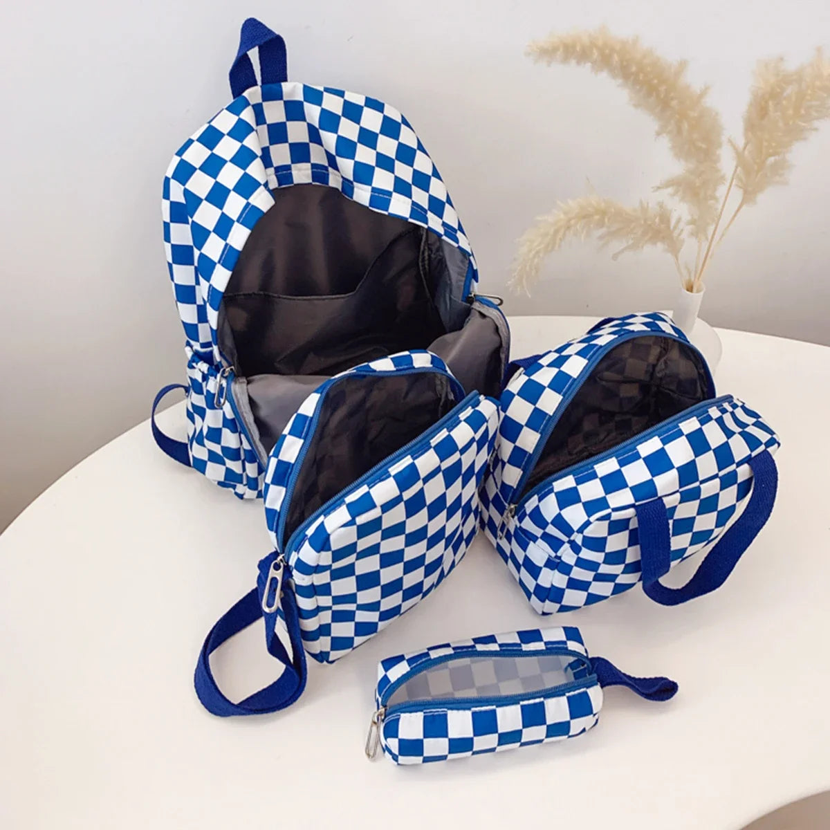 Checkerboard 4pcs Backpack Set Crossbody Handbag Pen Case Stitching Multi Pocket Adjustable Straps