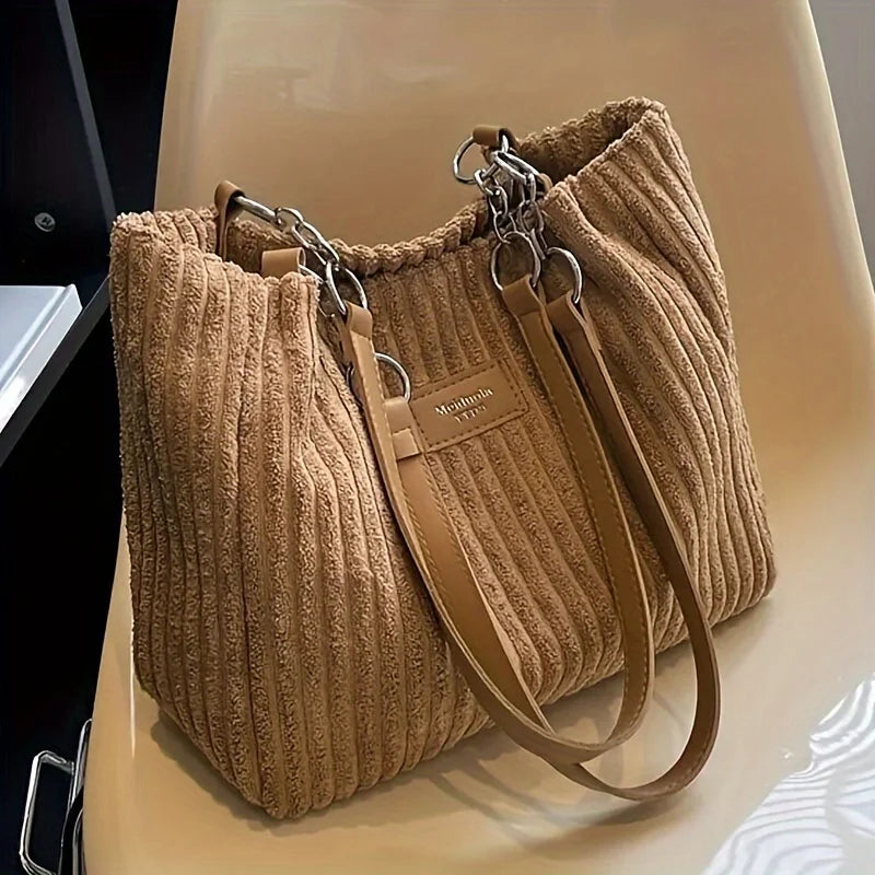 Corduroy Tote Bag with Chain Strap – Large Shoulder Bag
