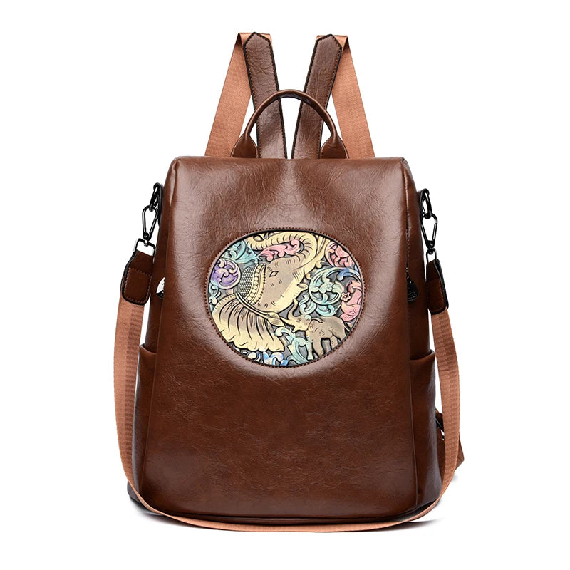 Anti-Theft Backpack with Deer & Elephant Print – 3-in-1 Waxed Leather Shoulder Bag