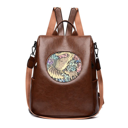 Anti-Theft Backpack with Deer & Elephant Print – 3-in-1 Waxed Leather Shoulder Bag