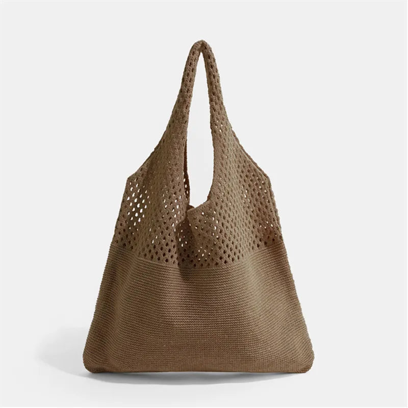 Hollow Out Knitted Handbag Shoulder Bag Solid Color Wool Knitting Bag Commuter Large Capacity
