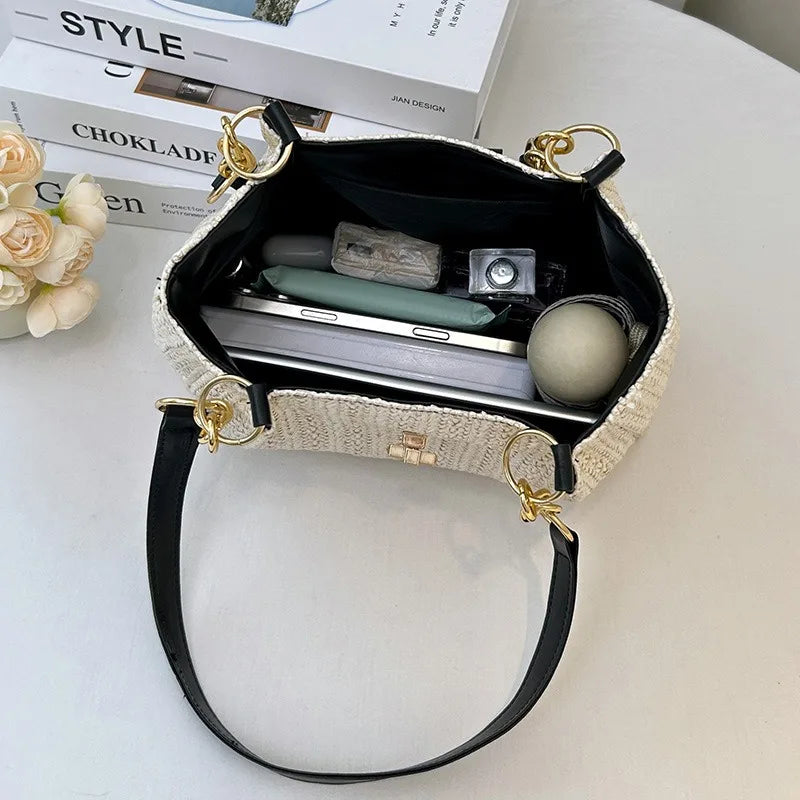 Stylish Straw Leather Tote Bag Gold Chain Grass Woven Women S Handbag Shoulder Bags Beach Days