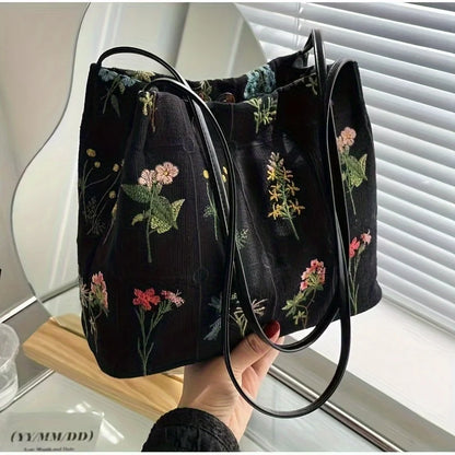 Floral Embroidery Corduroy Tote Bag – Large Capacity Shoulder Purse