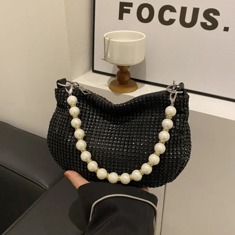 Glitter Silver Clutch Pearl Women Handbag Detachable Chain Crossbody Bags Wedding Prom Party Formal