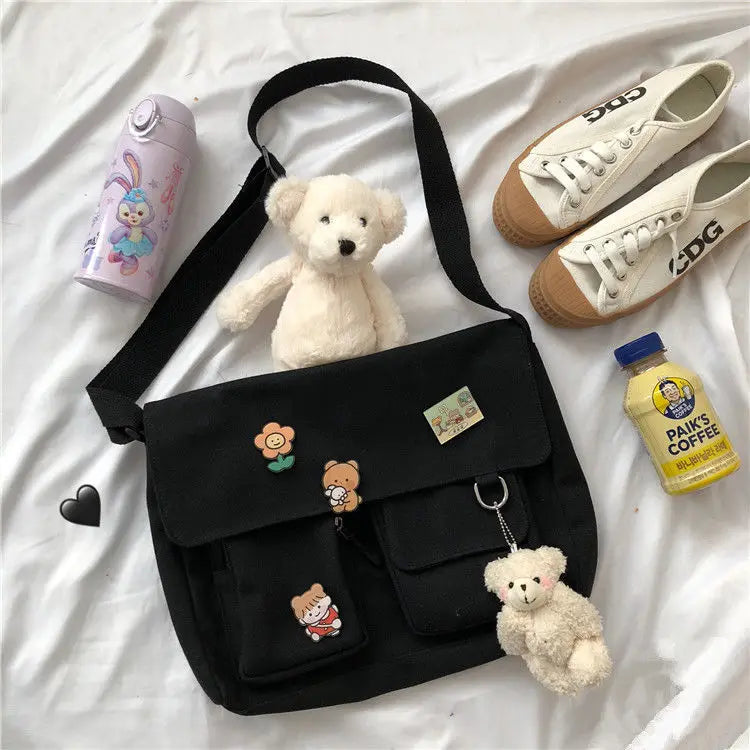 Cute Canvas Crossbody Bag for Women with Cartoon Badge Pins