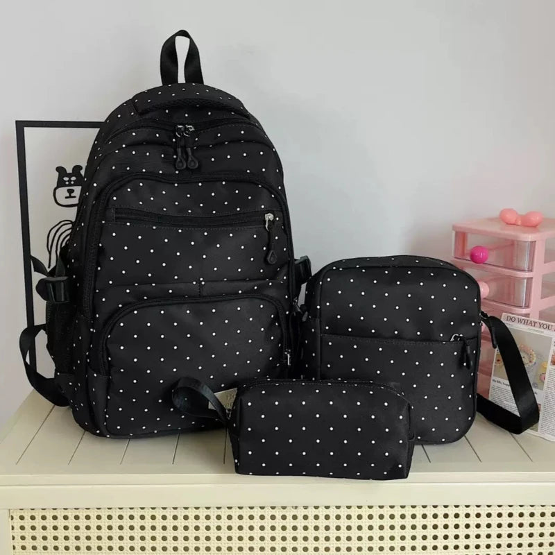 Nylon Polka Dot Backpack Set Stationery Storage Multi Compartment Girls Zipper Closure Student Gifts