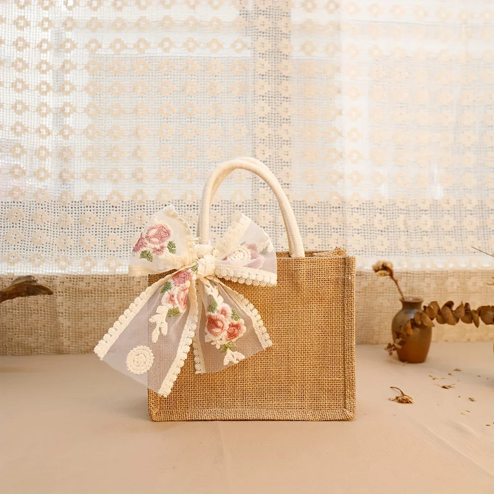Burlap Jute Tote Bag with Lace Ribbon – Reusable Gift & Shopping Bag