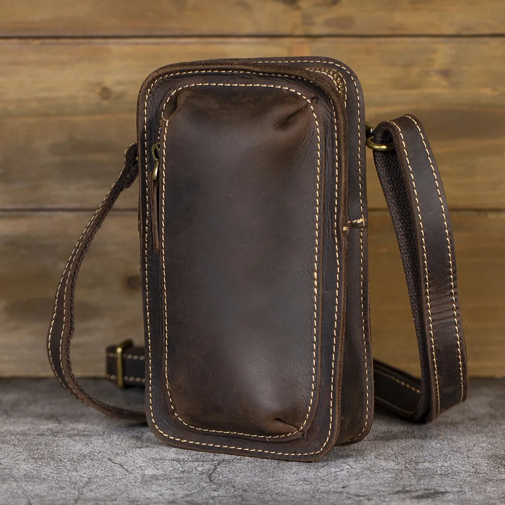Crazy Horse Leather Men S Crossbody Waist Bag Vertical Cowhide Genuine Leather Men S Retro Unique