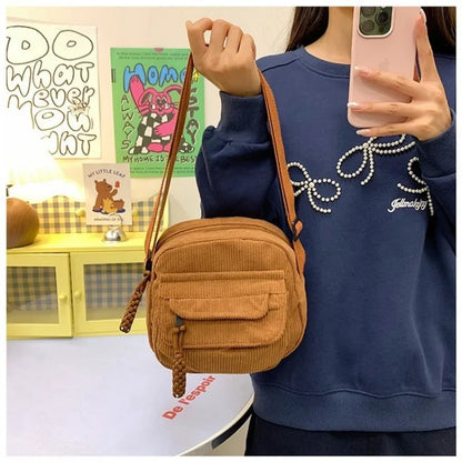Homefish Corduroy Crossbody Bag Women Casual Style Zipper Closure Adjustable Strap Multi Pockets