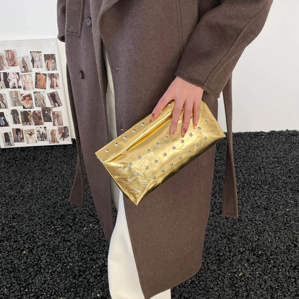 Light Luxury Clutch Bag Glitter Pu Leather Evening Rivet Solid Color Handbag Banquet Dance