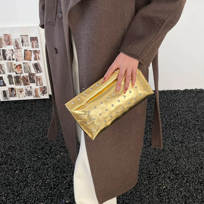 Light Luxury Clutch Bag Glitter Pu Leather Evening Rivet Solid Color Handbag Banquet Dance
