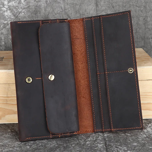 Crazy Horse Leather Men S Wallet Long Leather Buckle Mobile Phone Storage