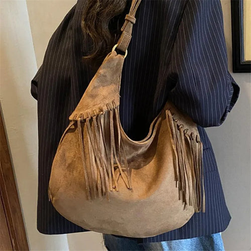 Vintage Suede Tassel Crossbody Bag – Large Capacity Shoulder Hobo Bag for Women