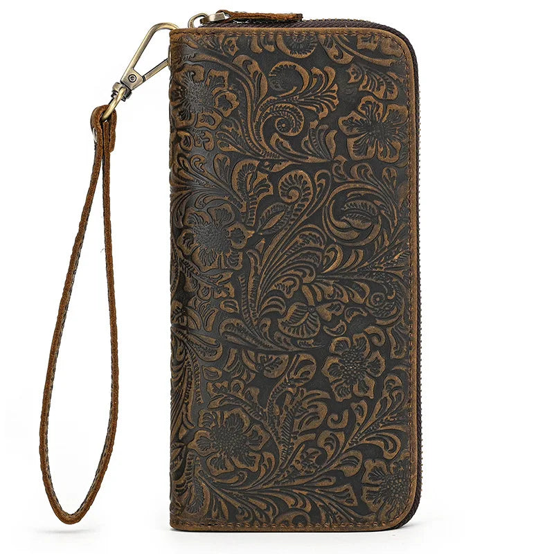Crazy Horse Leather Long Wallet Retro Embossed Zipper Handbag Multi-Card Mobile Phone Change Storage