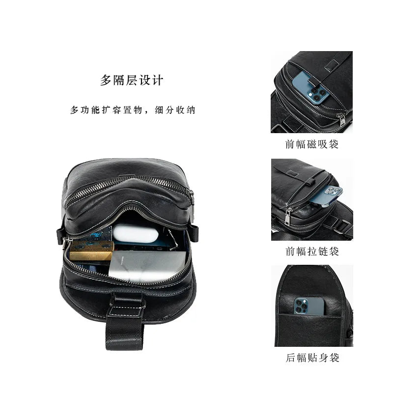 Men S Genuine Leather Simple High-End Chest Bag Multiple Compartments Large Capacity Travel
