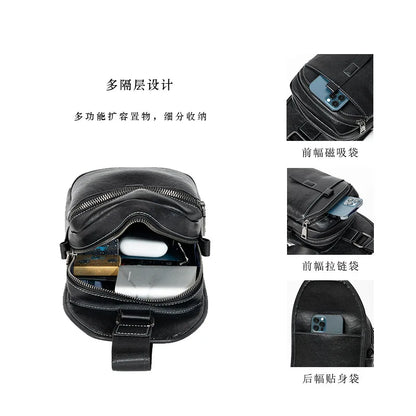 Men S Genuine Leather Simple High-End Chest Bag Multiple Compartments Large Capacity Travel