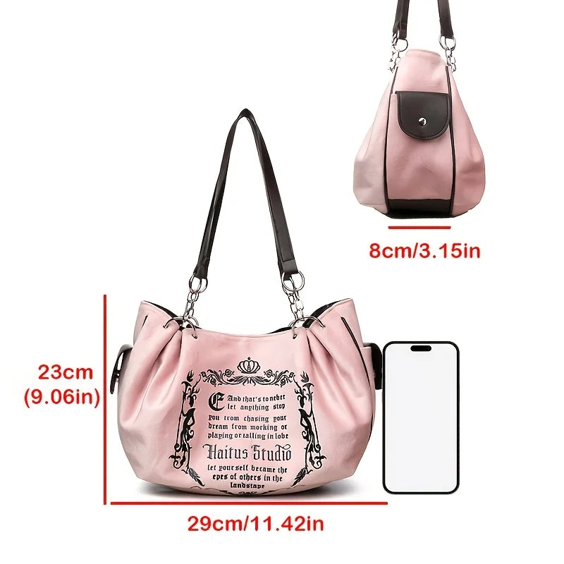 Letter Print Faux Suede Tote Bag – Retro Large Capacity Shoulder Bag for Women
