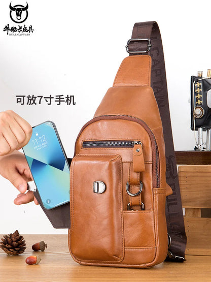 Men S Genuine Leather Chest Bag Soft Top Layer Cowhide Lock Mobile Phone Storage Chain