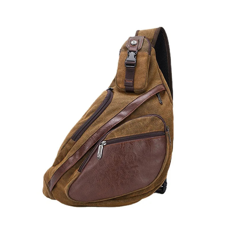 Canvas Leather Patchwork Retro Crossbody Chest Bag Crescent-Shaped Multi-Functional Large-Capacity