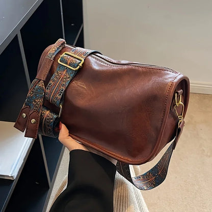 Graphic Pattern Zipper Crossbody Bag Stylish Leather Shoulder Bag Wide Strap Large Capacity Daily