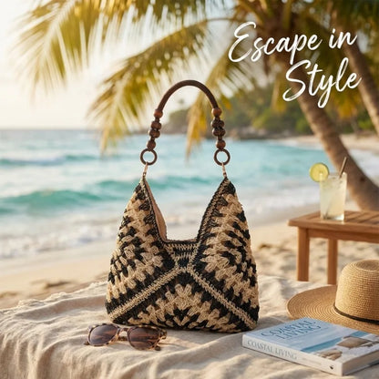 Summer Beach Casual Handbag Shoulder Bag Women Striped Straw Tote Bags Leather Handles
