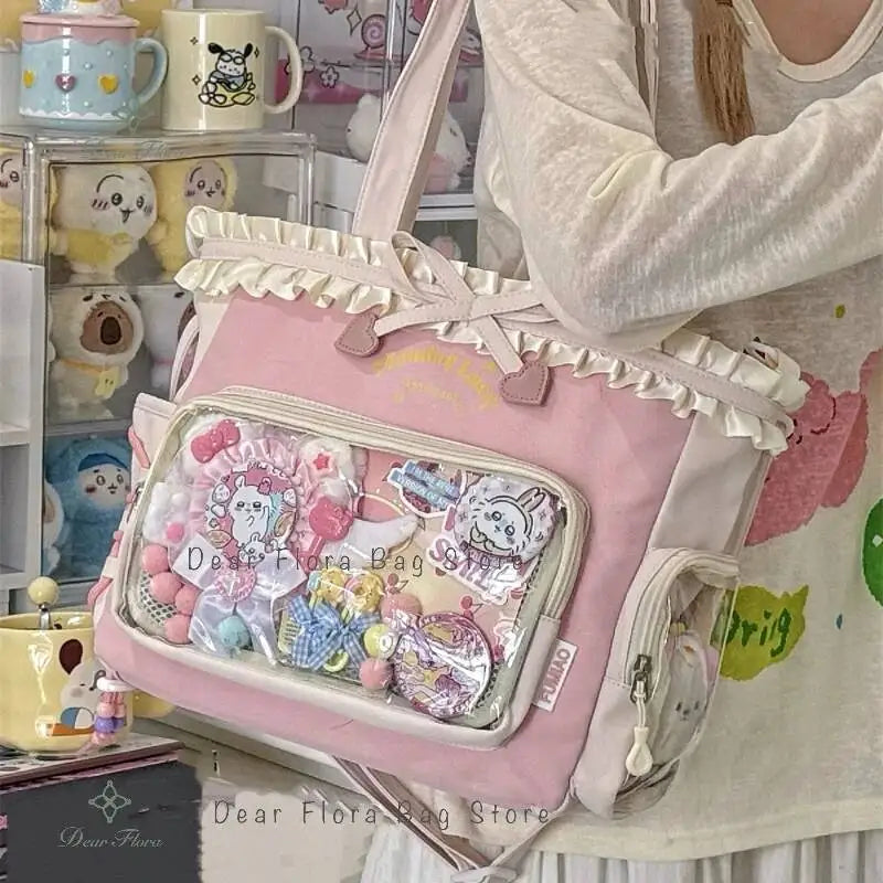 Lace Bow Ita Bag – Y2K Kawaii Crossbody with Transparent Window