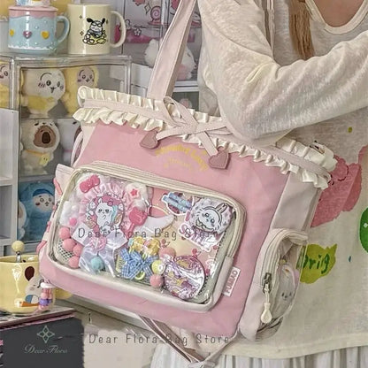Lace Bow Ita Bag – Y2K Kawaii Crossbody with Transparent Window