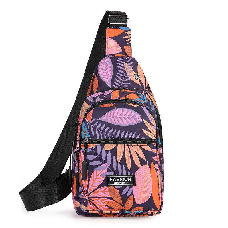 Leaf Print Nylon Sling Bag Crossbody Chest Bag for Women