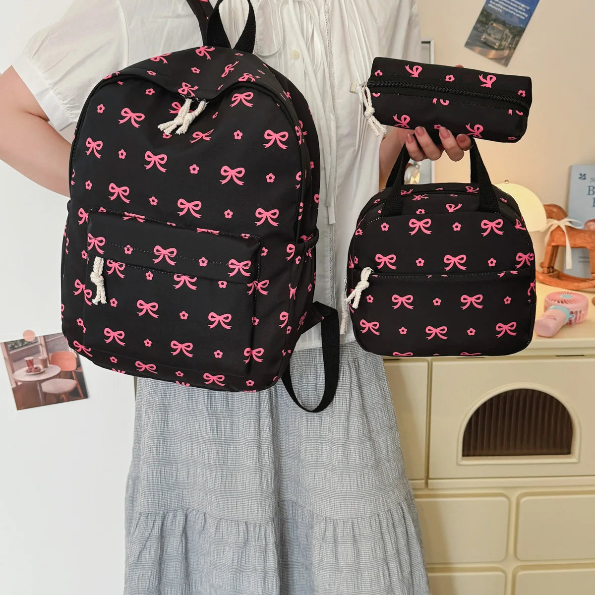 Sweet Fresh Butterfly Flower Printed Three Piece Backpack Set Lightweight Large Capacity Student