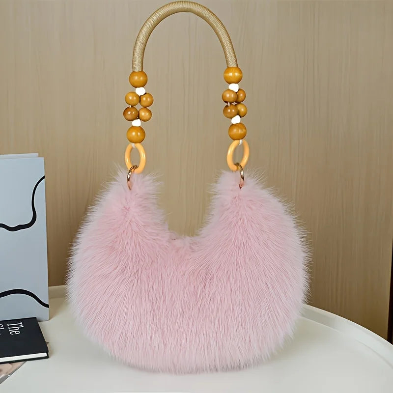 Fluffy Faux Fur Tote Bag with Wooden Bead Handle