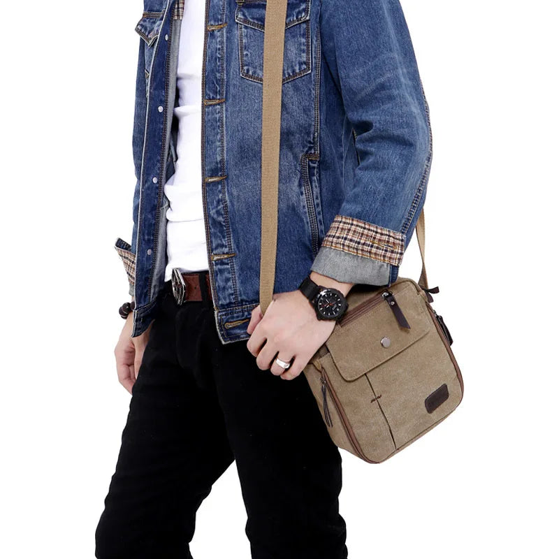 Men S Casual Crossbody Bag Wear-Resistant Canvas Shoulder Bag Large-Capacity Outdoor