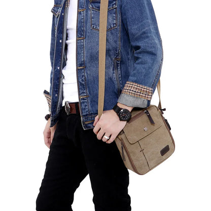Men S Casual Crossbody Bag Wear-Resistant Canvas Shoulder Bag Large-Capacity Outdoor