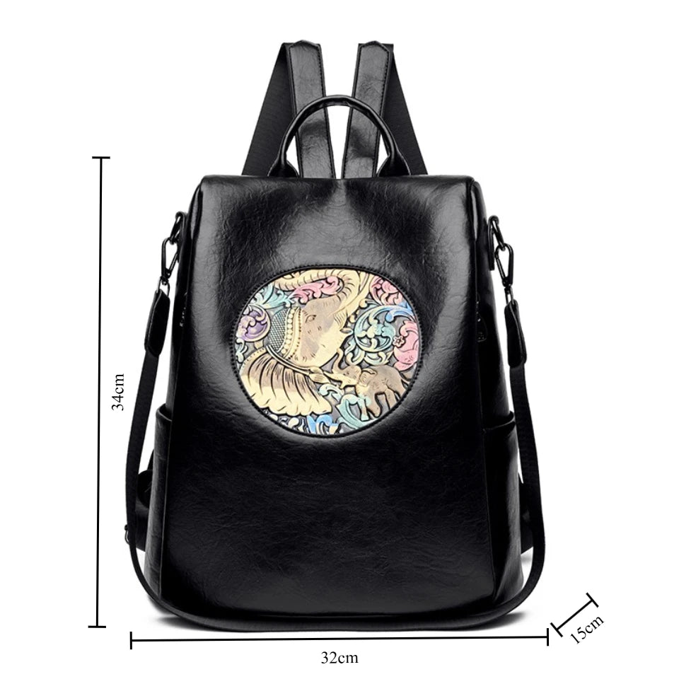 Anti-Theft Backpack with Deer & Elephant Print – 3-in-1 Waxed Leather Shoulder Bag