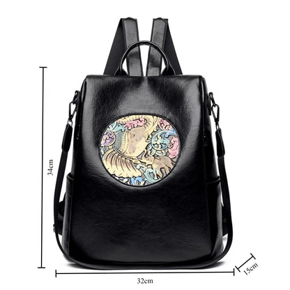 Anti-Theft Backpack with Deer & Elephant Print – 3-in-1 Waxed Leather Shoulder Bag