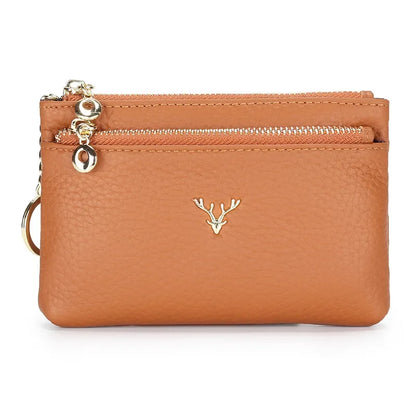 Cowhide Mini Coin Purse Multi-Function Key Bag Stylish Leather Premium Hardware Deer Head Zipper