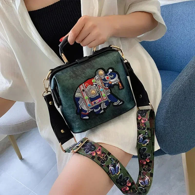 Elephant Embroidered Leather Crossbody Bag – Boho Satchel