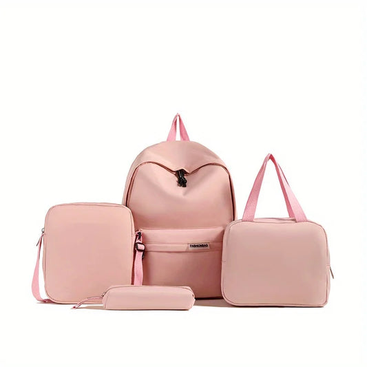 4pcs Set Back School Large Capcity Nylon Solid Color Backpack Handbag Pencil Case Casual