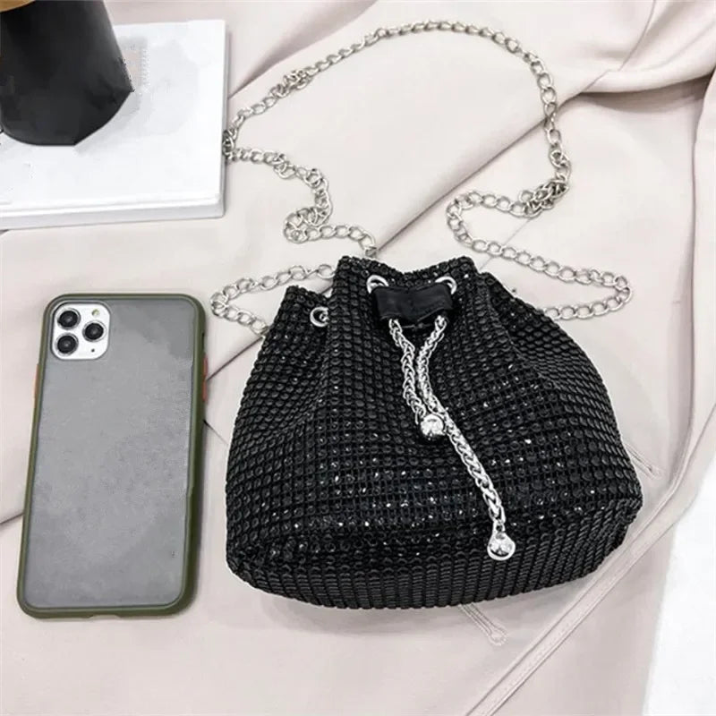 Rhinestone Drawstring Bucket Bag with Chain Strap