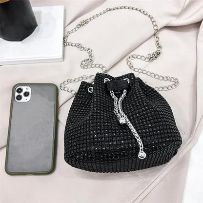 Rhinestone Drawstring Bucket Bag with Chain Strap
