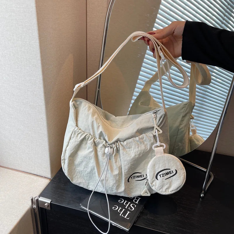 Nylon Drawstring Shoulder Bag with Detachable Mini Pouch