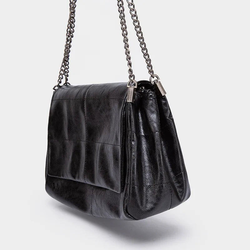 Classic Black Leather Chain Shoulder Bag Soft Flap Handbag Crossbody Bags Large Capacity Casual