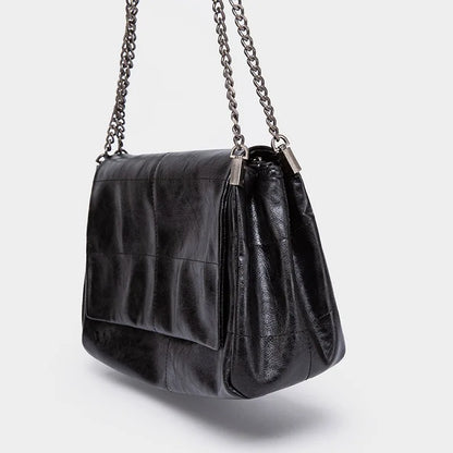 Classic Black Leather Chain Shoulder Bag Soft Flap Handbag Crossbody Bags Large Capacity Casual