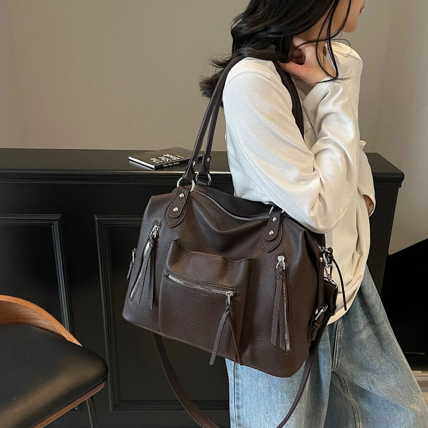 Leather Tote Bag with Tassel – Zipper Crossbody Handbag