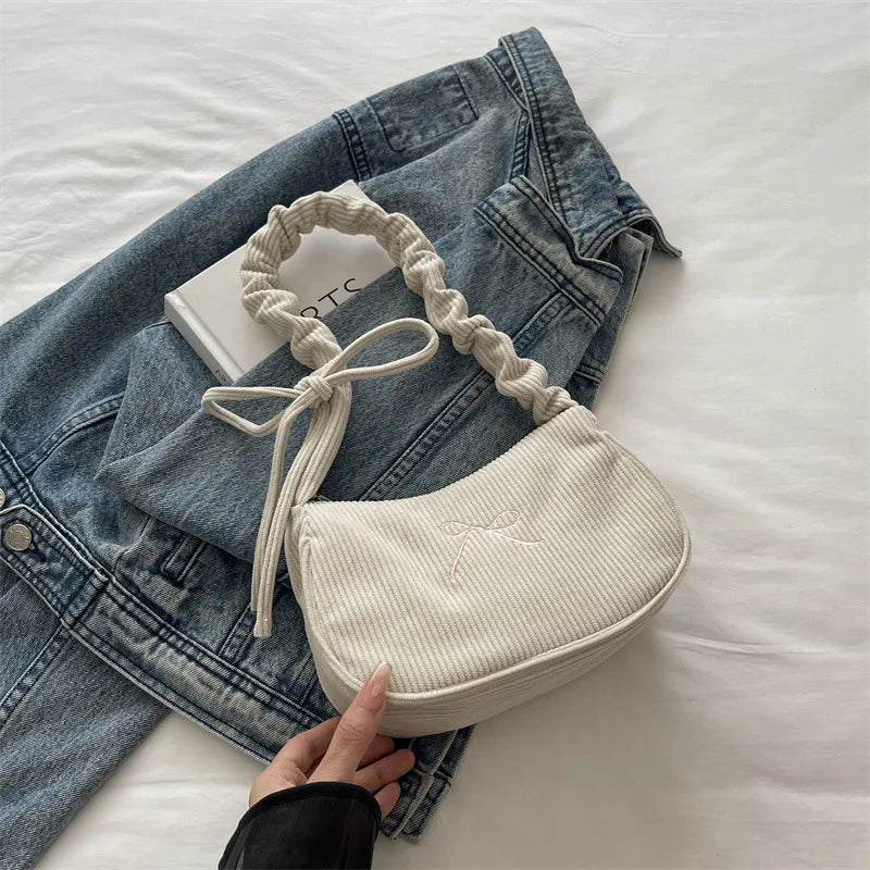 Corduroy Bow Shoulder Bag with Ruched Drawstring Handle
